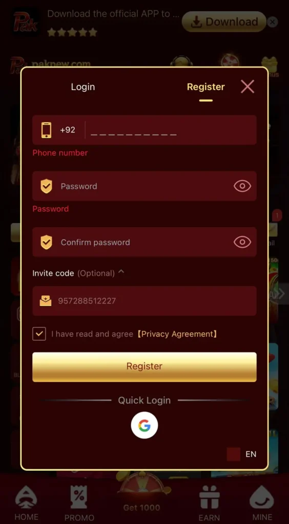 Paknew Game registration image